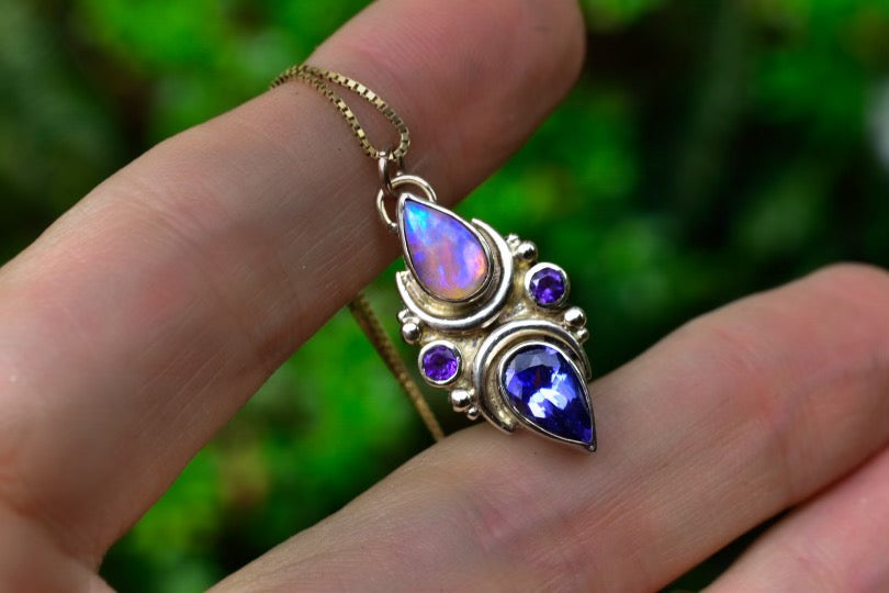 Australian opal, tanzanite and amethyst mini La Luna Pendent in solid 14k white and yellow gold reserved - Angel Alchemy Jewelry