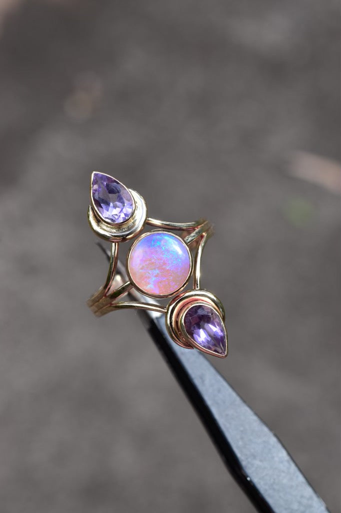 Australian opal and faceted amethyst teardrop “ Phases of the Moon” ring in solid 14k yellow gold - Angel Alchemy Jewelry
