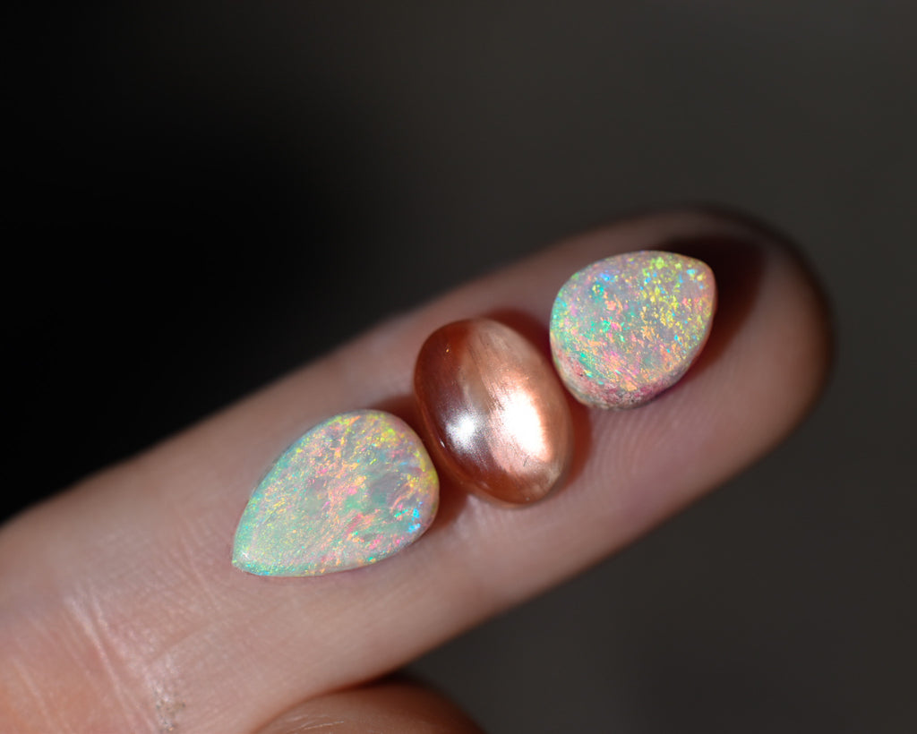 Australian opals and Oregon sunstone ring in solid 14k gold with or without gold dots semi custom - Angel Alchemy Jewelry