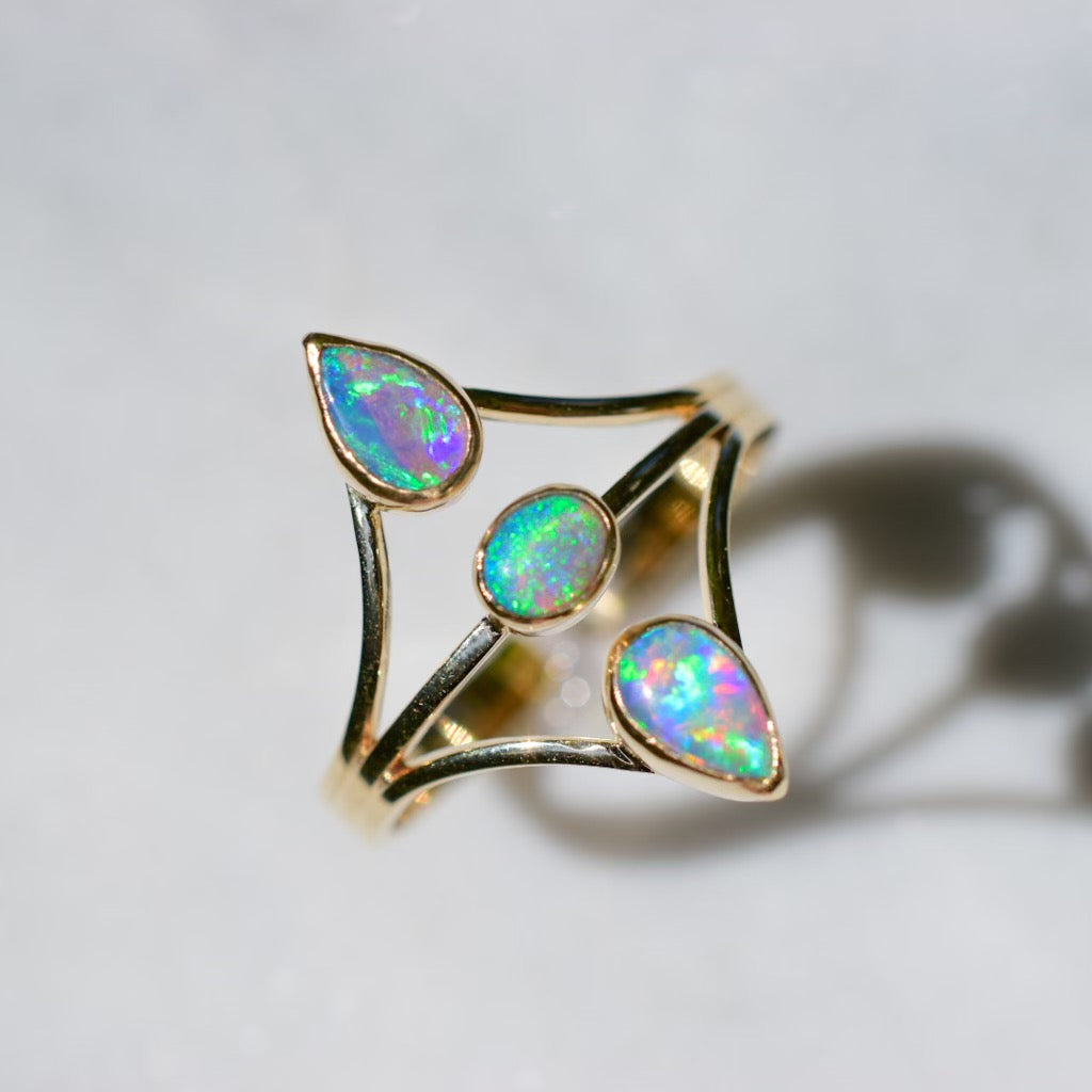 “Australian opal Floating” style three stone ring in solid 14k yellow  gold - Angel Alchemy Jewelry