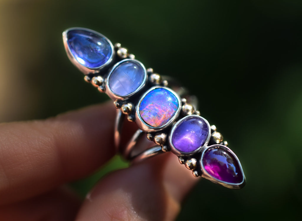 Australian Opal Unicorn Ring with High grade Moonstone and Tanzanite in solid Yellow and Rose Gold semi custom - Angel Alchemy Jewelry