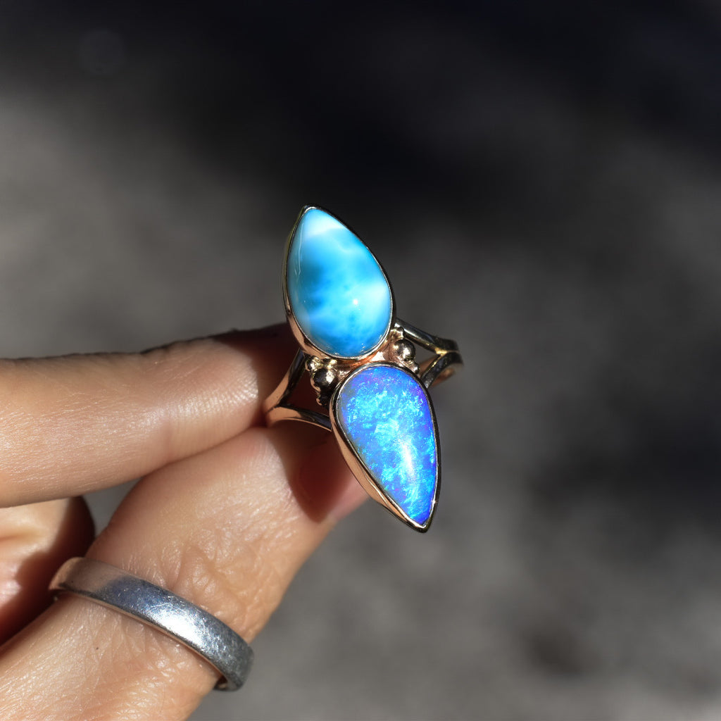 Australian opal and larimar ring in solid 14k yellow gold with rose gold dots semi custom reserved - Angel Alchemy Jewelry