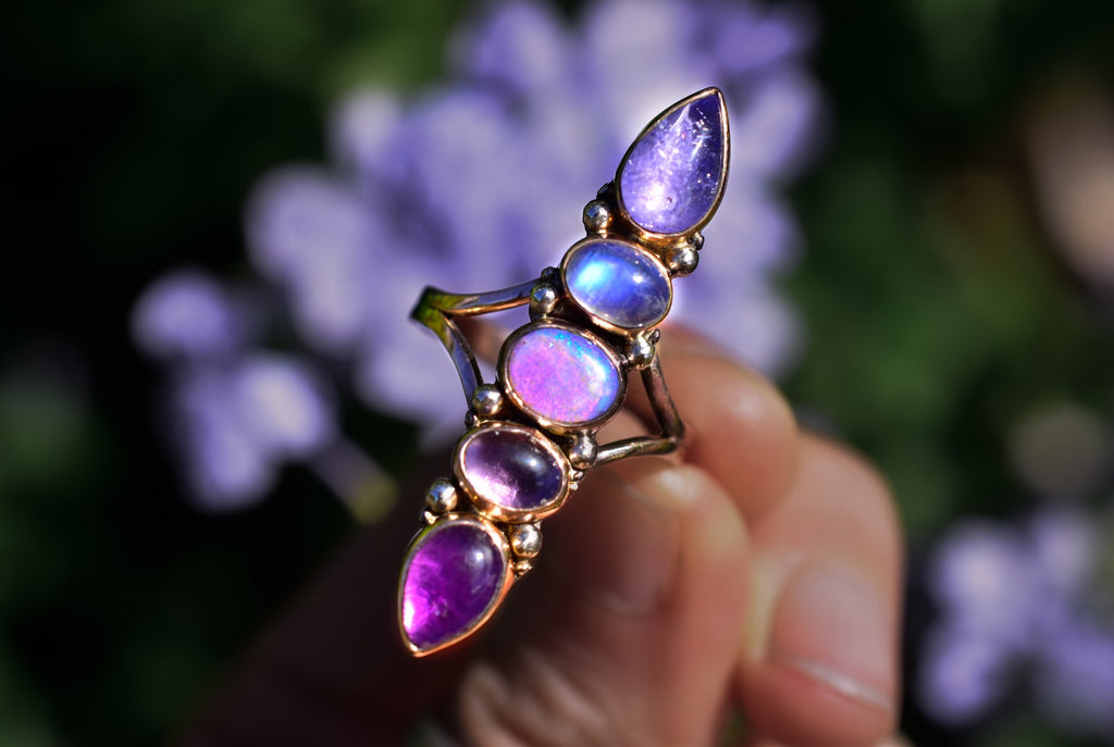 Australian opal unicorn ring  with tanzanite , high grade moonstone , and amethyst is solid 14k solid gold with gold dots semi custom reserved - Angel Alchemy Jewelry