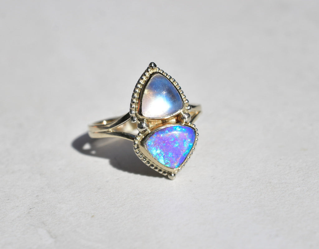 Australian Opal and moonstone Ring in Solid 14k Yellow  Gold with White Gold Dots - Angel Alchemy Jewelry