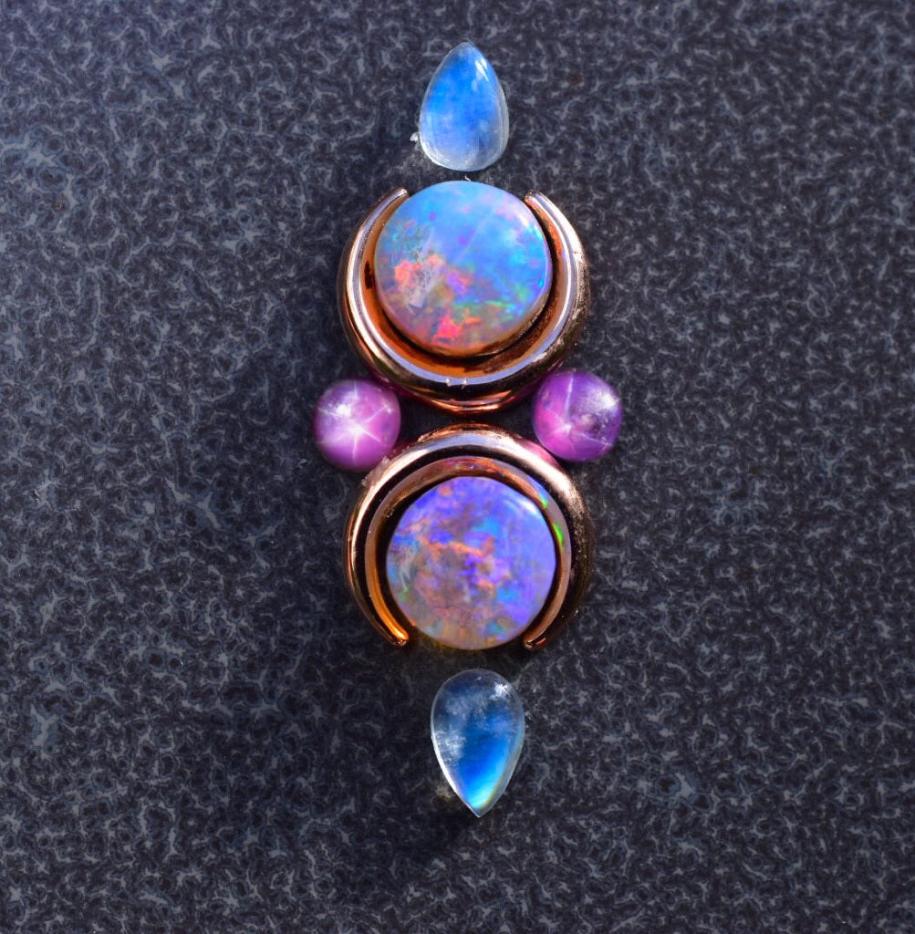 Australian Opal and Star Ruby La Luna Ring with Moonstone in Solid Gold Semi Custom reserved - Angel Alchemy Jewelry
