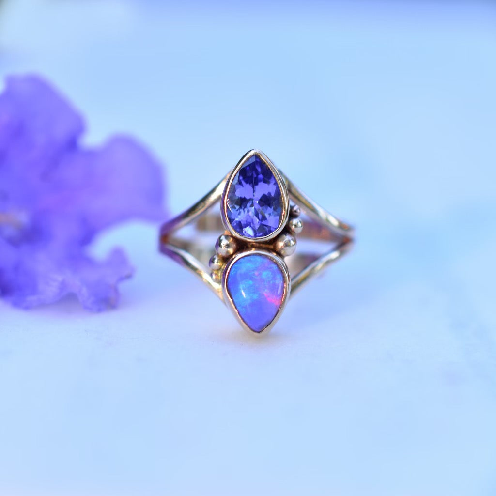 Australian opal and faceted tanzanite ring in solid 14k yellow gold - Angel Alchemy Jewelry