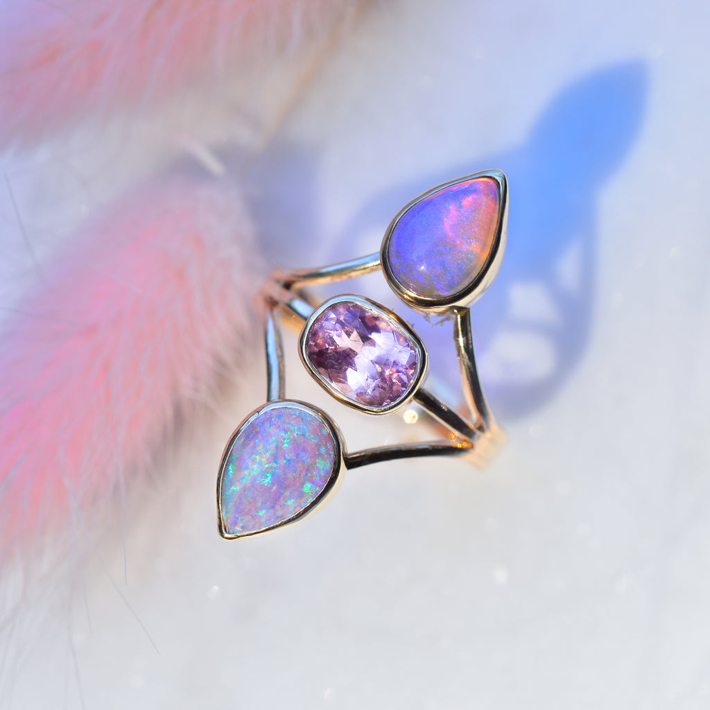 Australian opals with  a faceted pink  tourmaline “floating” ring in solid 14k rose gold - Angel Alchemy Jewelry