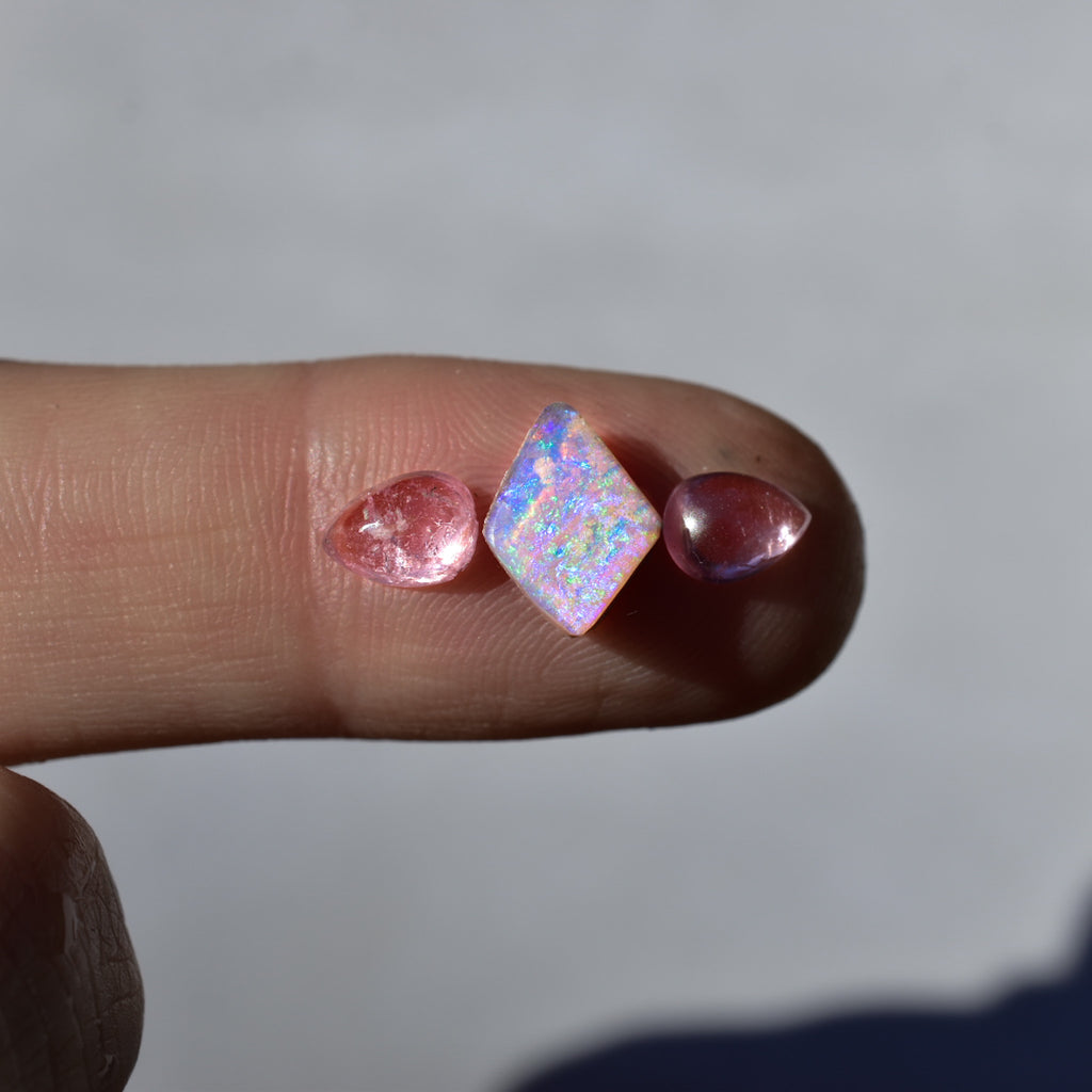 Australian opal with two pink spinel teardrops ring in 14k gold semi custom - Angel Alchemy Jewelry