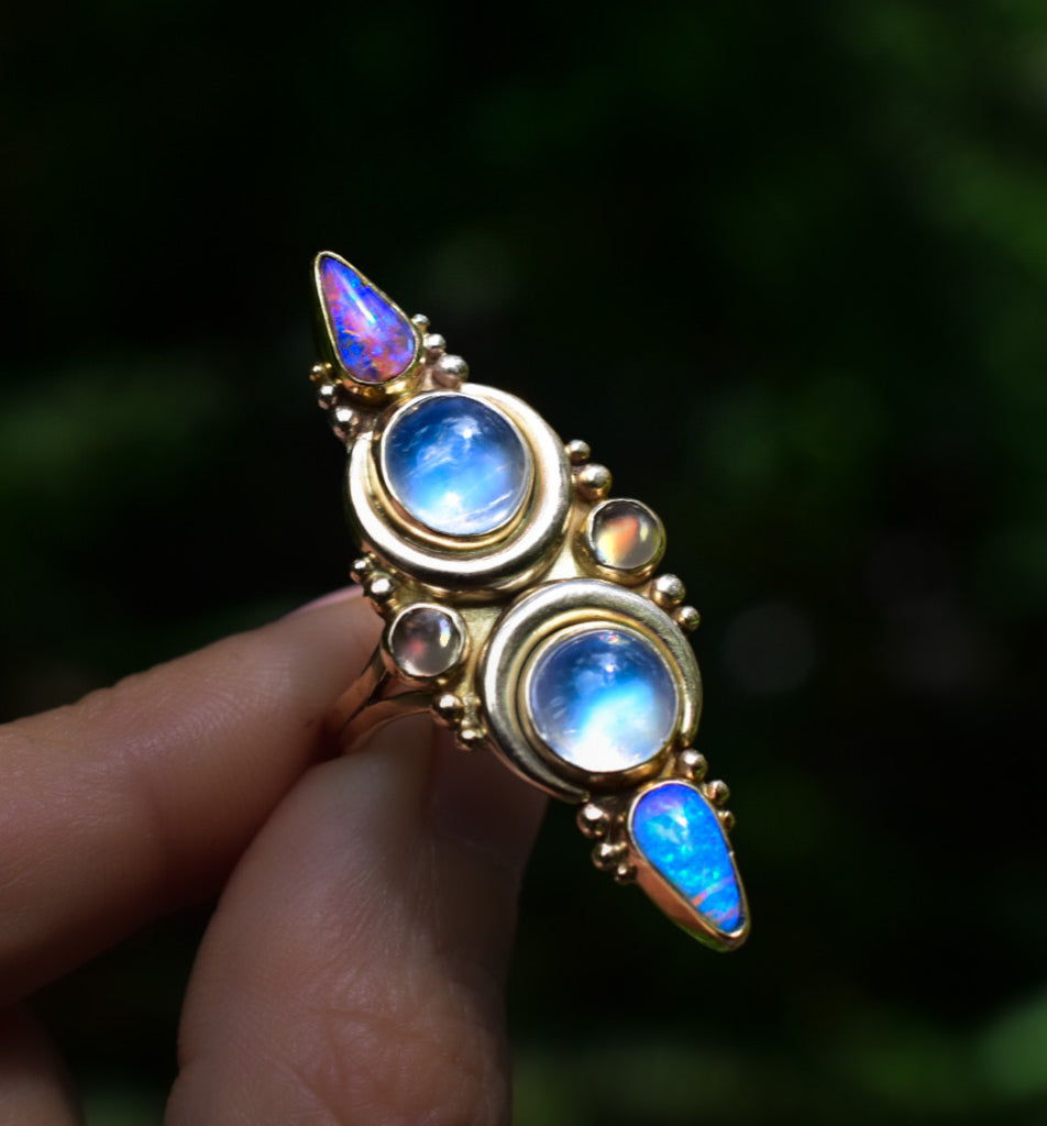 Australian Opal and Moonstone Pendant or Ring in Solid 14k Yellow or Rose Gold Semi Custom - Angel Alchemy Jewelry