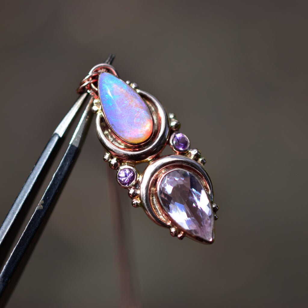 Australian opal, morganite and sapphire La Luna Pendent ( chain sold separately) in solid 14 rose gold - Angel Alchemy Jewelry