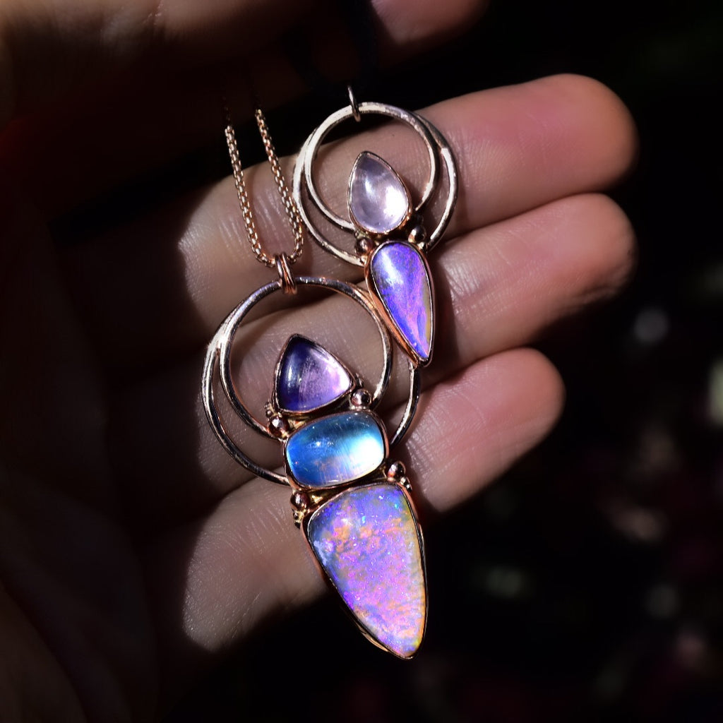 Purple Australian Opal with Kunzite Angel Pendant or Ring in Solid rose or Yellow Gold Semi Custom - Angel Alchemy Jewelry