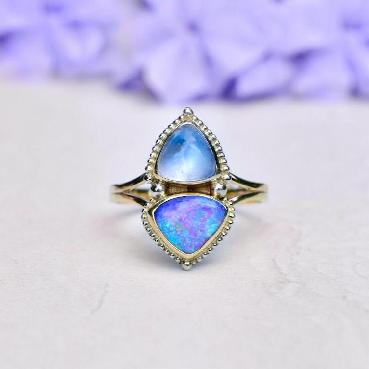 Australian Opal and moonstone Ring in Solid 14k Yellow  Gold with White Gold Dots - Angel Alchemy Jewelry