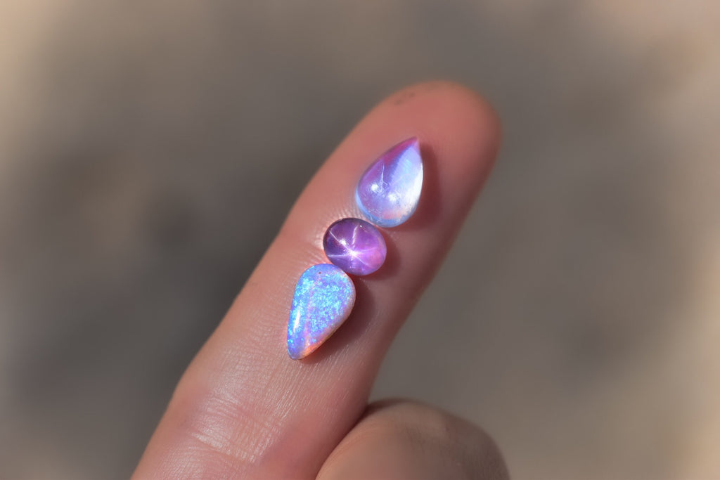 Sri Lankan Lavender Star Sapphire with Australian opal and high grade moonstone in solid 14k rose gold with optional white gold dots semi custom - Angel Alchemy Jewelry