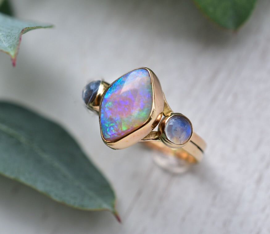 Australian Opal Talisman Ring with Moonstone in solid yellow or Rose Gold - Semi Custom reserved - Angel Alchemy Jewelry