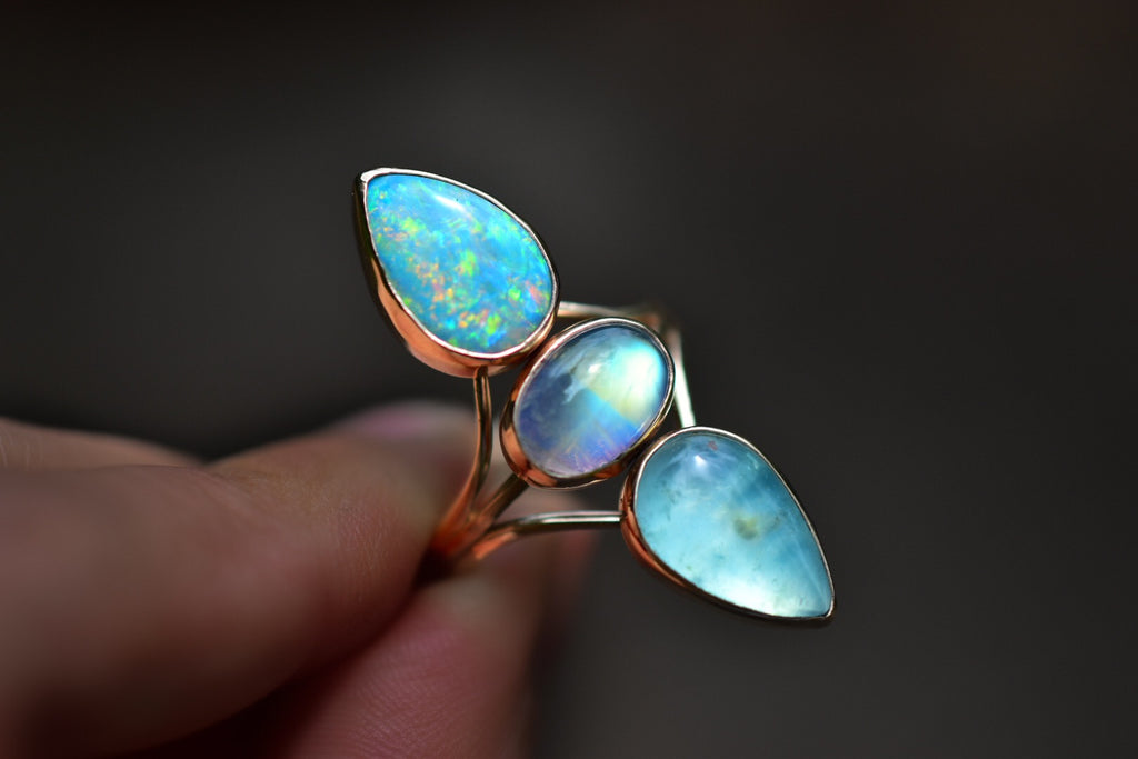 Australian Opal Talisman Ring with high grade Moonstone and Peruvian Opal in solid Yellow Gold reserved - Angel Alchemy Jewelry