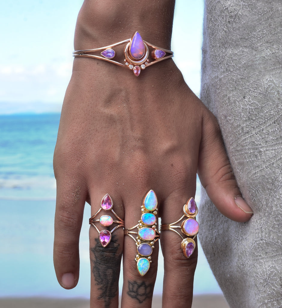 Australian opal, spinels ,with small diamonds “Moonflower “ cuff in solid 14k rose gold - Angel Alchemy Jewelry