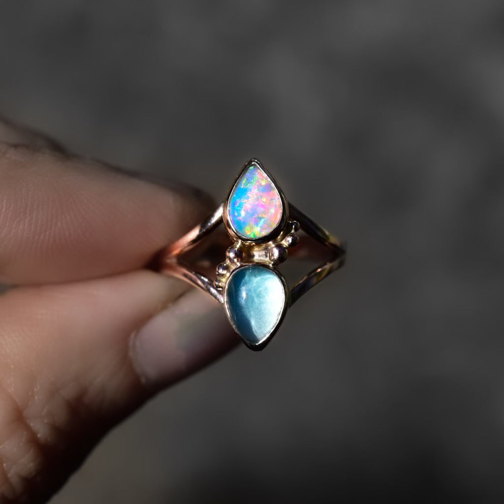Australian opal and Peruvian opal ring in solid 14k rose  gold with gold dots. - Angel Alchemy Jewelry