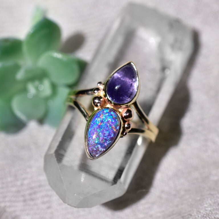 Australian opal and tanzanite ring in solid 14k gold with gold dots semi custom reserved - Angel Alchemy Jewelry