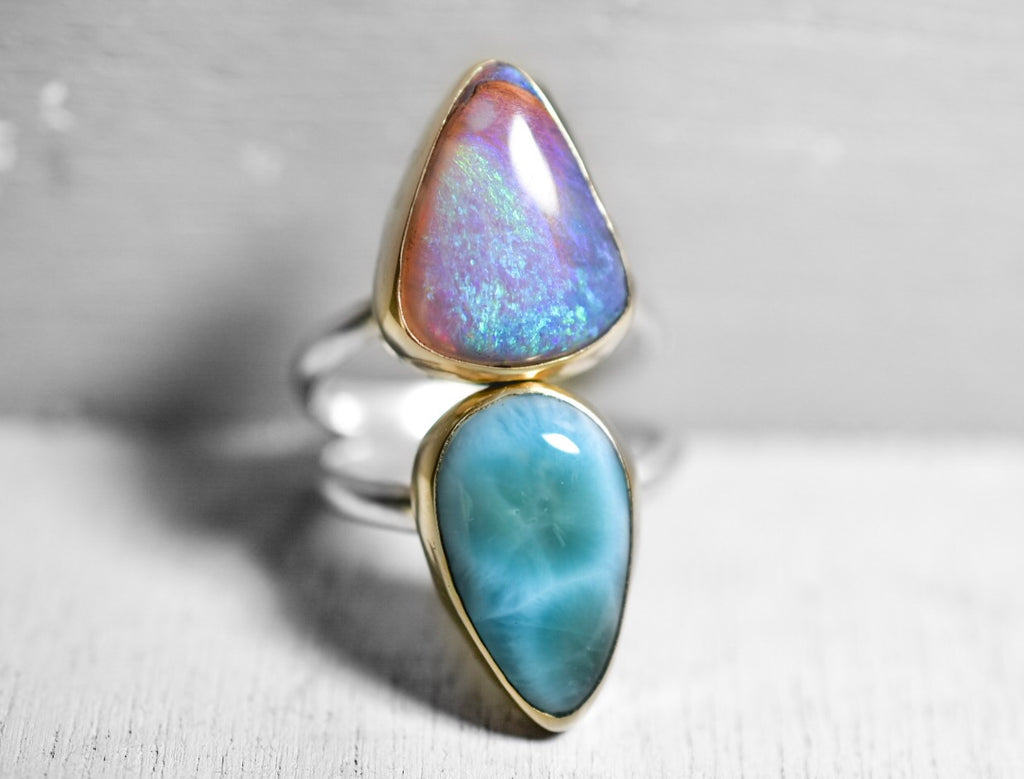 Australian Opal Ring with Larimar and Gold Bezels - Angel Alchemy Jewelry