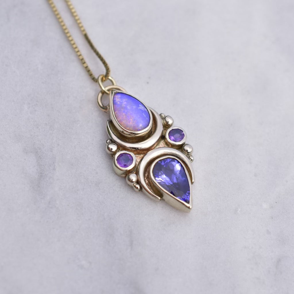 Australian opal Mini La Luna solid 14k gold pendent with tanzanite and amethyst ( chain sold separately) - Angel Alchemy Jewelry