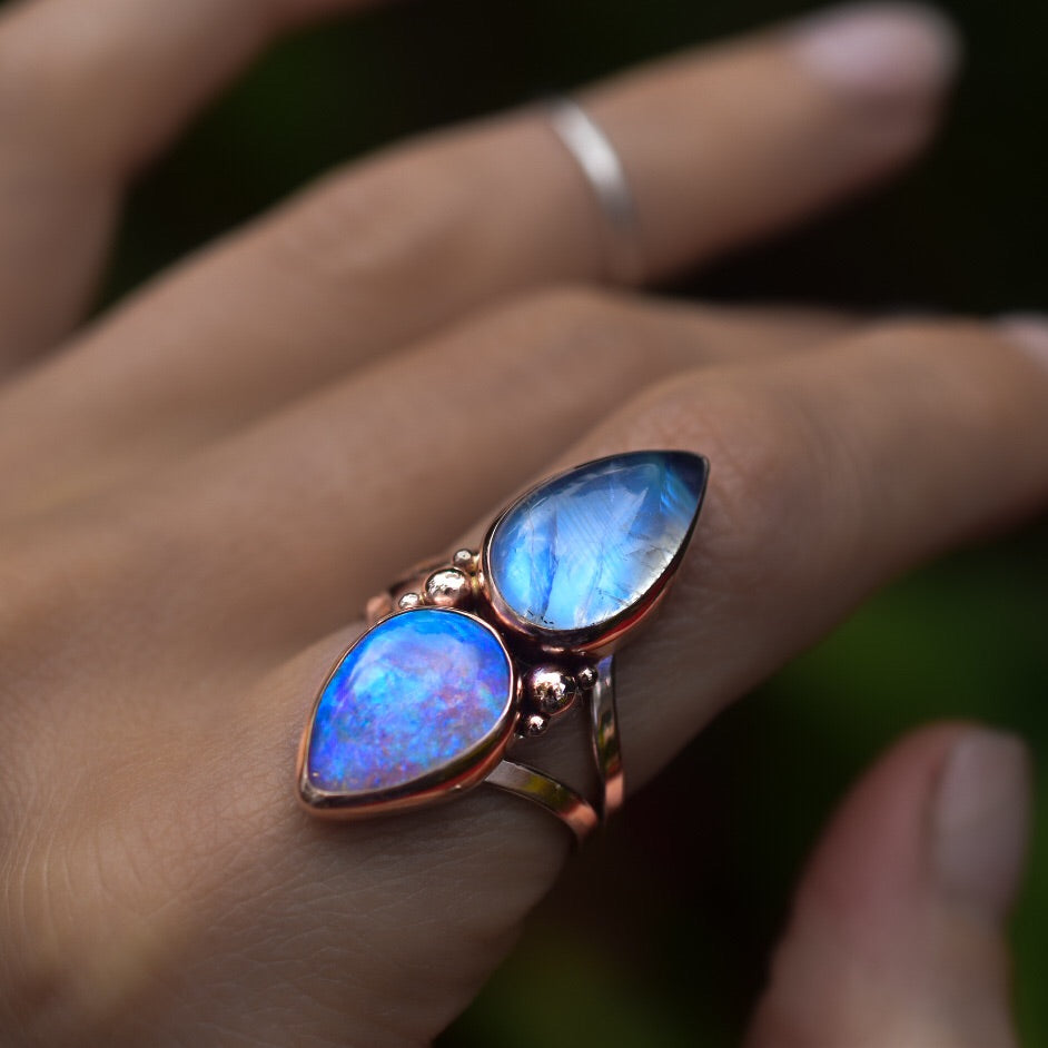 Australian Opal And High grade Moonstone Ring or Pendant I’m solid Rose or yellow gold - Semi custom - Angel Alchemy Jewelry