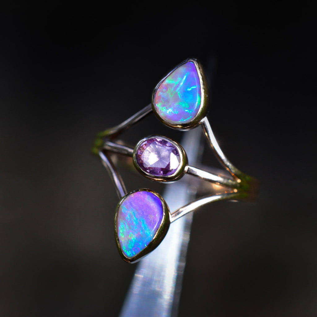 Australian opals and spinel tourmaline “Floating” ring in solid 14k rose gold. - Angel Alchemy Jewelry
