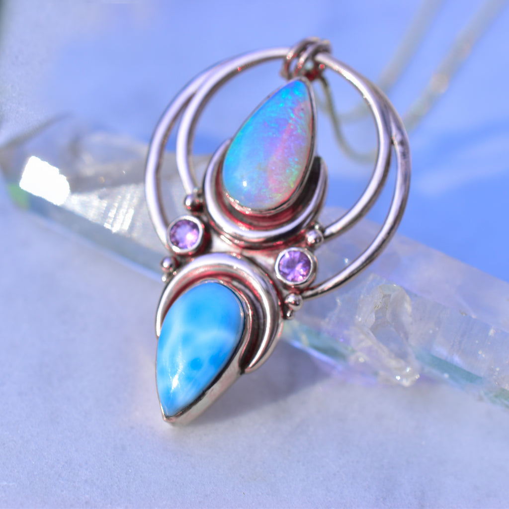 Australian opal and Larimar with pink sapphire La Luna pendent in solid 14k rose gold ( chain sold separately) - Angel Alchemy Jewelry