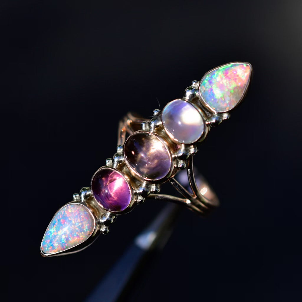Australian opals, pink tourmalines and high grade moonstone Unicorn talisman in solid 14k rose gold with white gold dots. - Angel Alchemy Jewelry