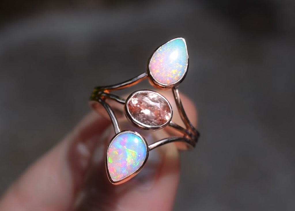 Australian opals and a faceted zircon “Floating” style ring in solid 14k rose gold - Angel Alchemy Jewelry