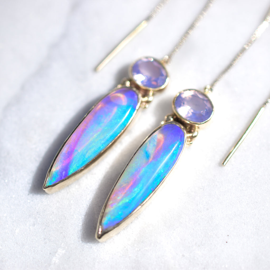 Australian opal and faceted lavender quartz threader earrings in solid 14k yellow gold - Angel Alchemy Jewelry