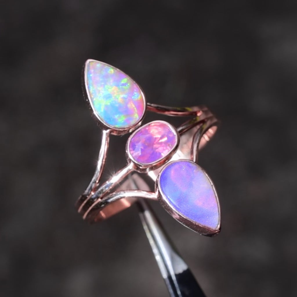 Sapphire and Australian opal large “Floating” style ring in solid 14k rose gold - Angel Alchemy Jewelry