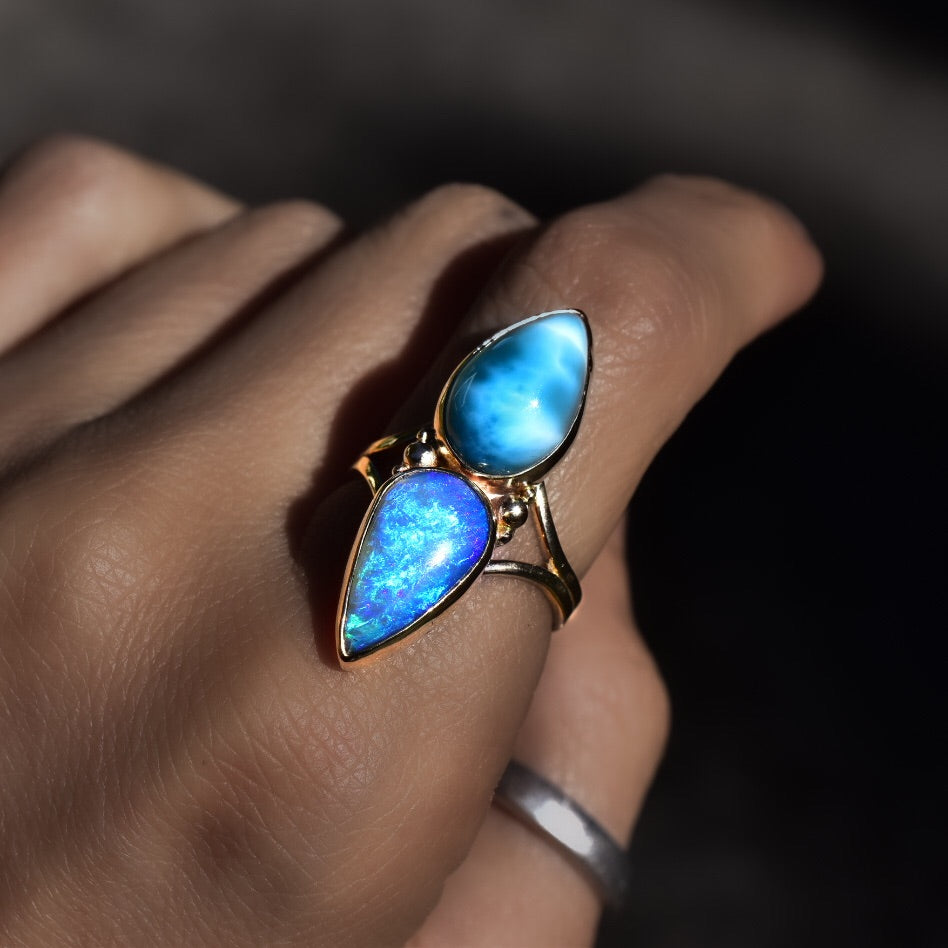 Australian opal and larimar ring in solid 14k yellow gold with rose gold dots semi custom reserved - Angel Alchemy Jewelry