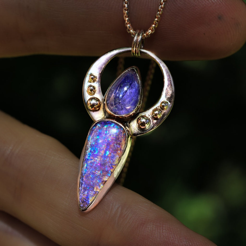 Australian opal and tanzanite 14k solid rose gold pendent with rose gold dots semi custom reserved - Angel Alchemy Jewelry