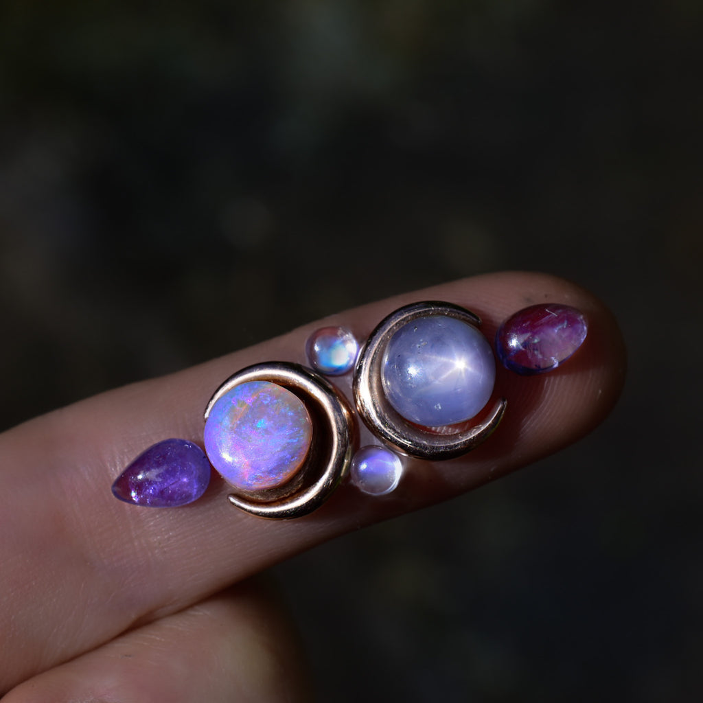 Star lavender sapphire, Australian opal , iolite , tanzanite and moonstone La Luna Grande ring in solid 14k gold with gold crescents and gold dots semi custom - Angel Alchemy Jewelry