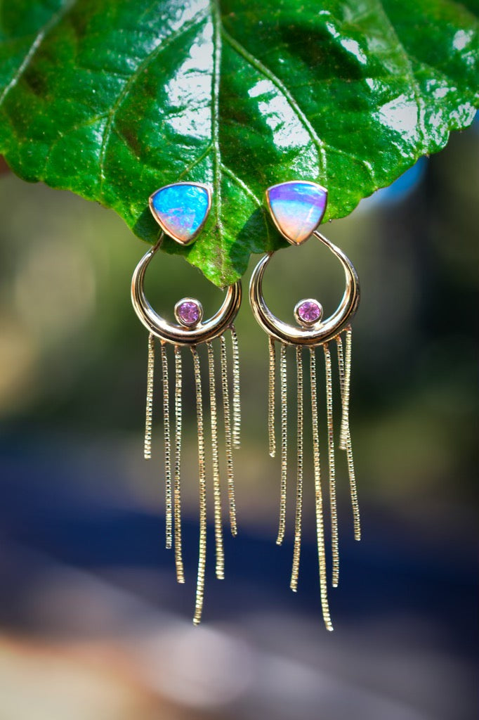 Australian opal and faceted pink sapphires “ Dipped in Moonlight “ earrings in solid 14k yellow gold - Angel Alchemy Jewelry