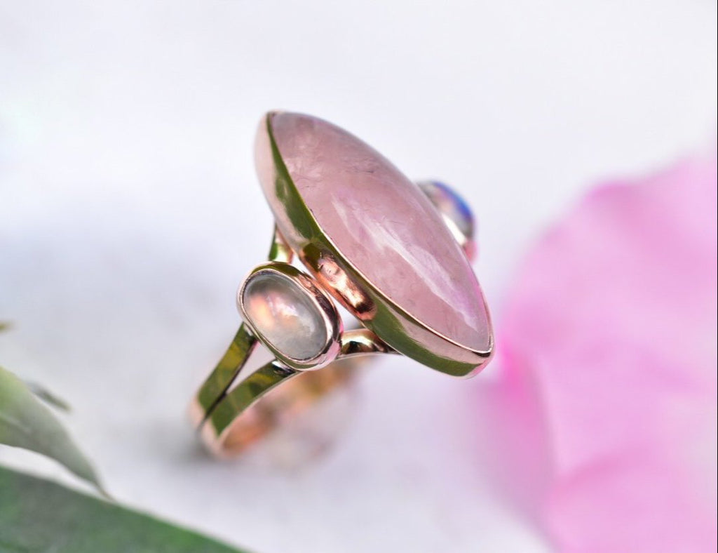 Morganite Ring with Super Moonstone in Solid Rose Gold reserved - Angel Alchemy Jewelry