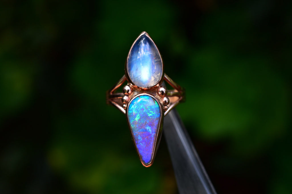 Australian Opal Talisman Ring with high grade Moonstone in Rose Gold reserved - Angel Alchemy Jewelry