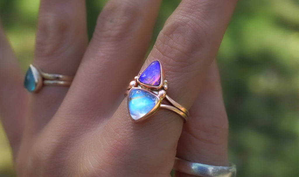 Australian Opal and Moonstone Talisman Ring In solid Gold Semi Custom - Angel Alchemy Jewelry