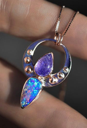 Australian opal and tanzanite pendent in solid 14k rose gold with gold dots - Angel Alchemy Jewelry