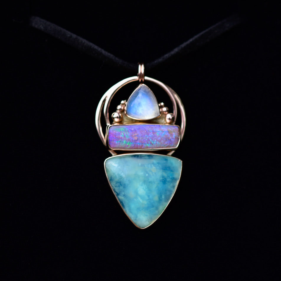 Australian opal, high grade moonstone and Peruvian opal pendant in solid 14k gold with gold dots semi custom reserved - Angel Alchemy Jewelry