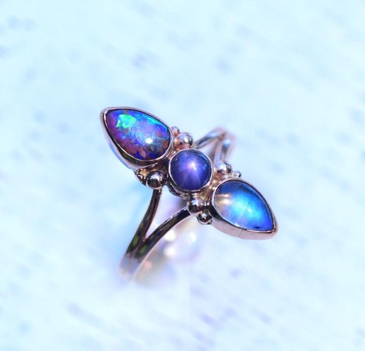 Australian Opal, Star Ruby and Moonstone Talisman Ring in Solid Gold reserved - Angel Alchemy Jewelry