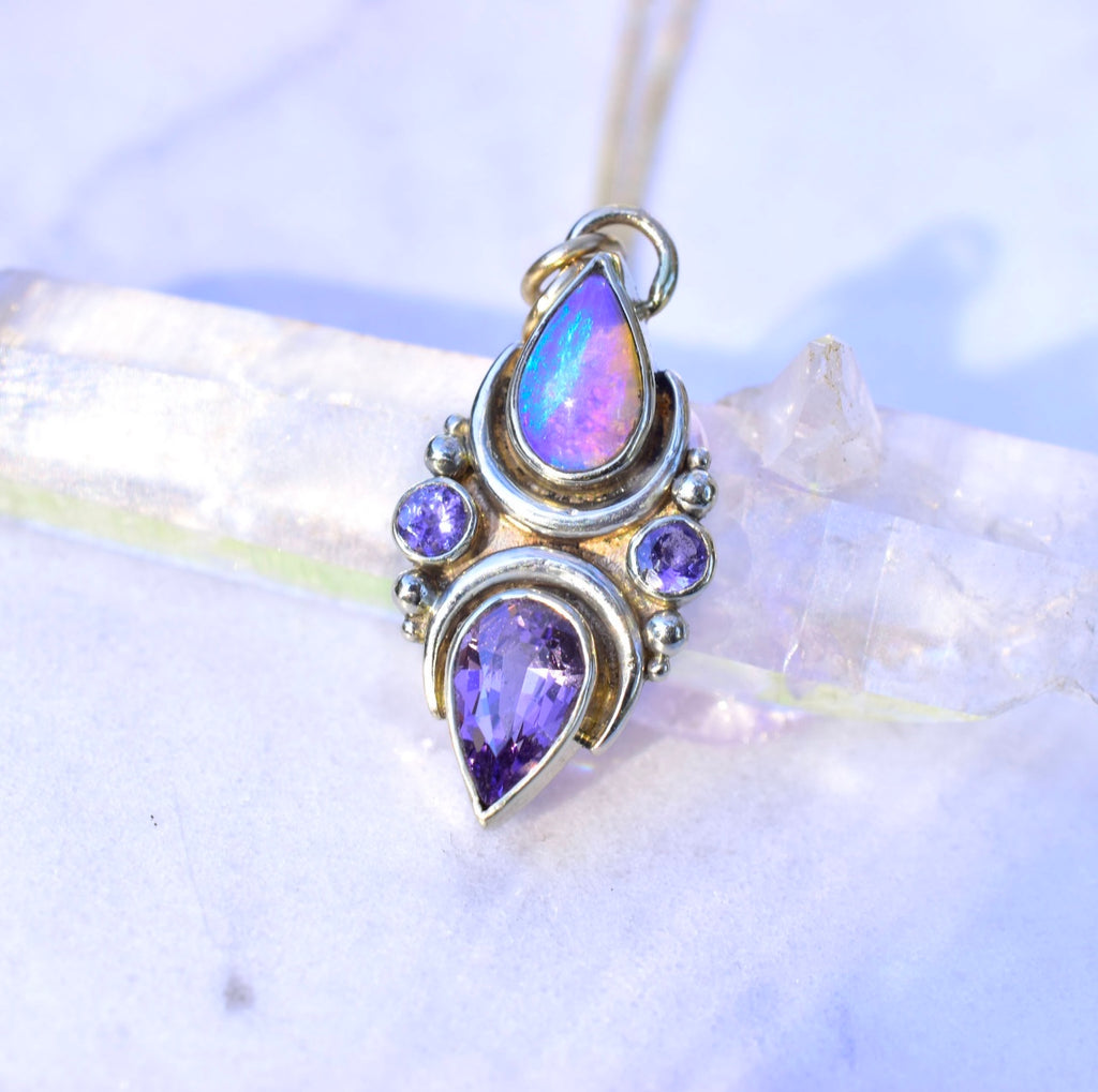 Australian opal , purple spinel and tanzanite mini La Luna pendent ( chain sold separately ) in solid 14k yellow and white gold - Angel Alchemy Jewelry