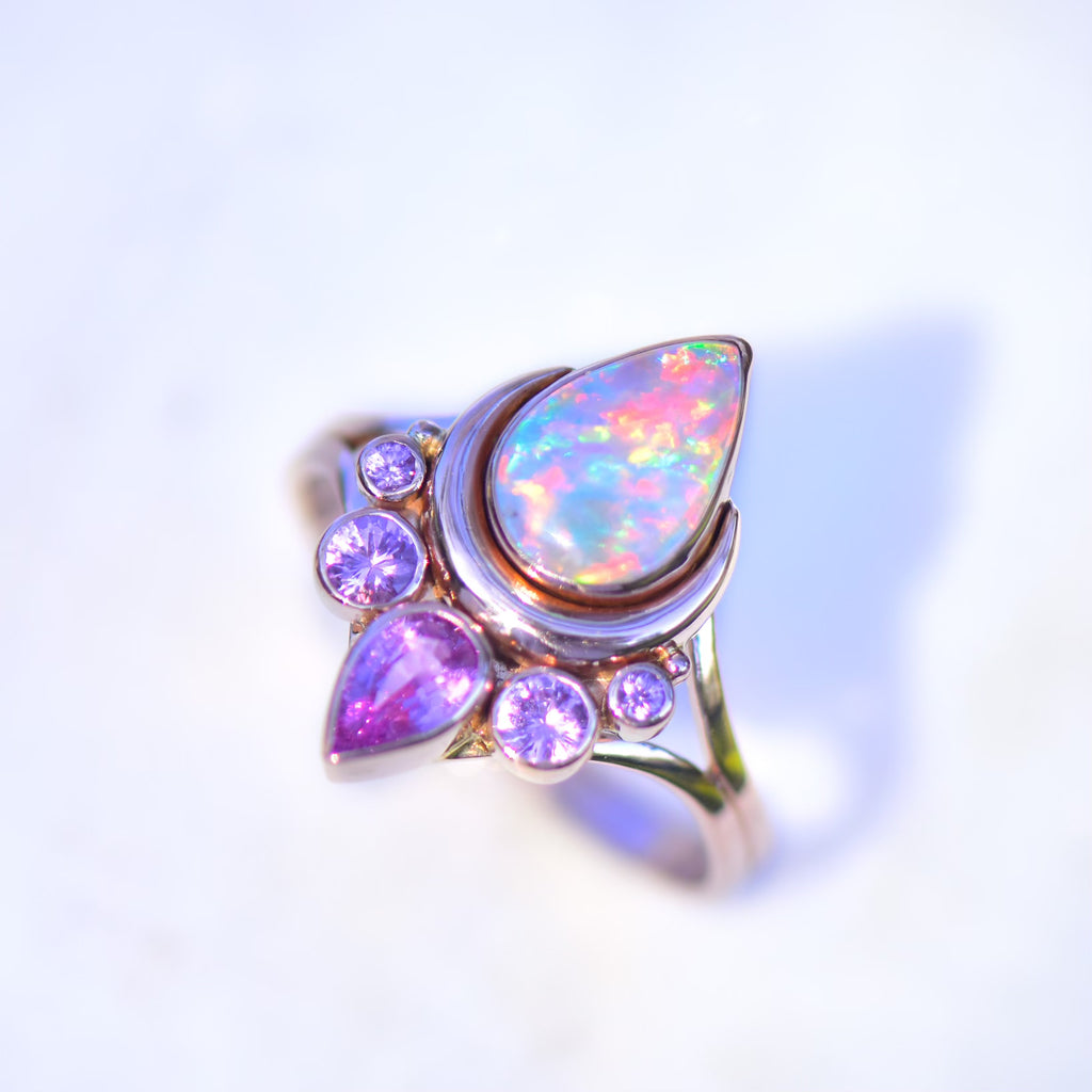 Moonflower Ring with Rainbow Australian Opal