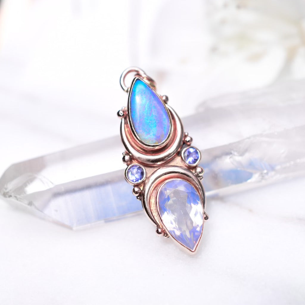Violet Flame La Luna pendent with Australian opal, lavender quartz and Tanzanite in solid 14k rose gold ( chain sold separately) - Angel Alchemy Jewelry