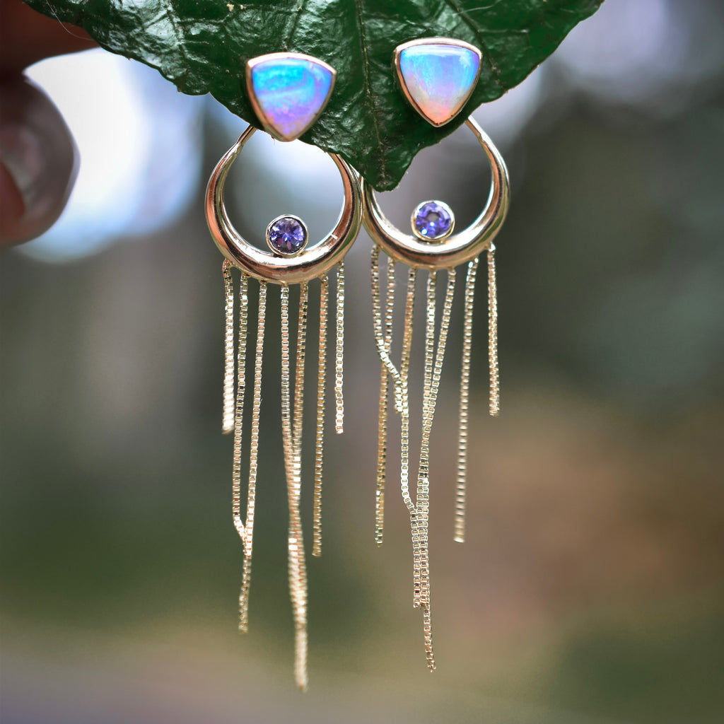 Australian opal and tanzanite Dipped in Moonlight earrings in solid 14k yellow gold - Angel Alchemy Jewelry