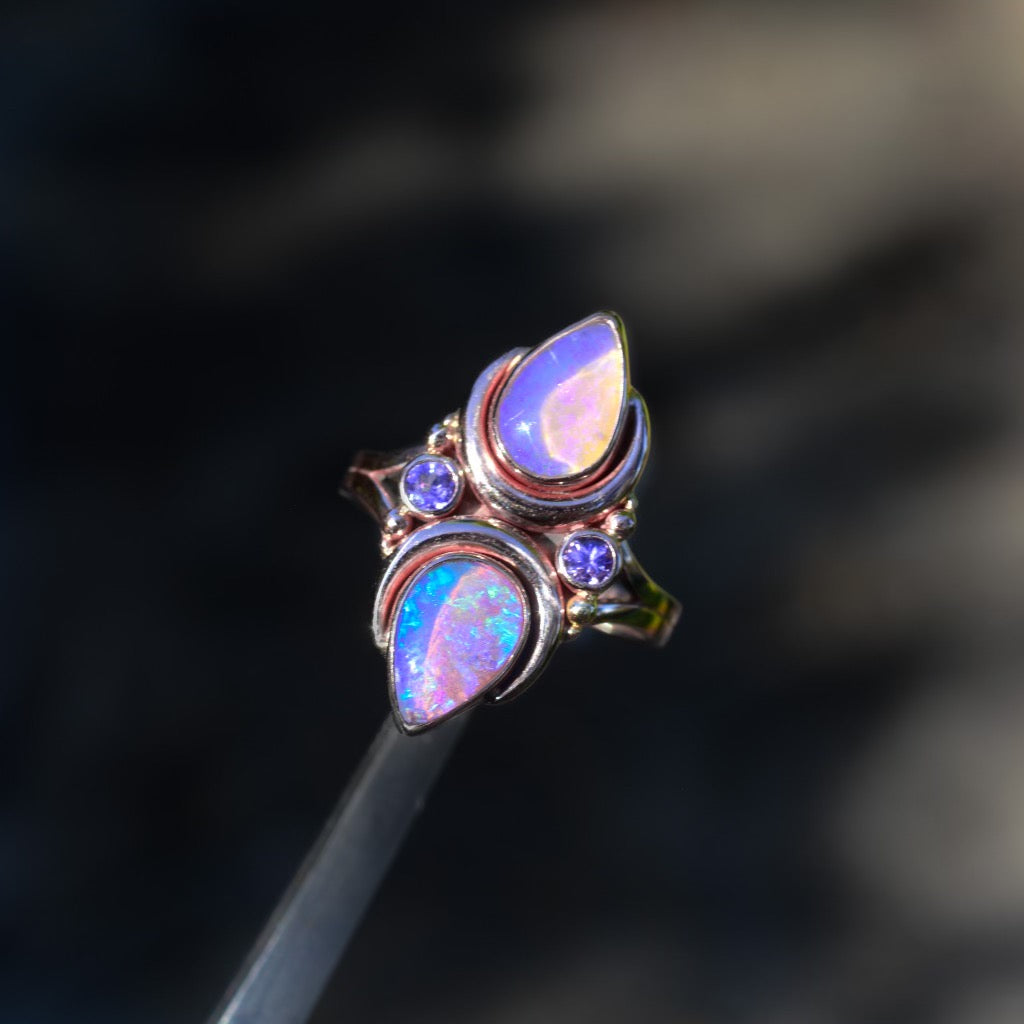 Australian opals and faceted  tanzanite La Luna ring in solid 14k rose gold - Angel Alchemy Jewelry