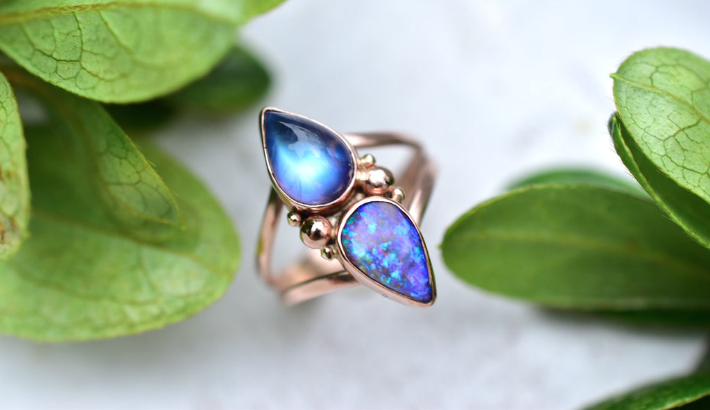 Australian Opal And Moonstone Ring in Rose gold 4.5 reserved - Angel Alchemy Jewelry
