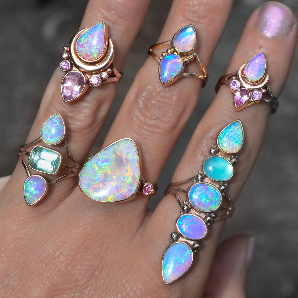 Lighting Ridge Australian opal and faceted pink sapphire ring in solid 14k yellow gold ( please read full description) - Angel Alchemy Jewelry