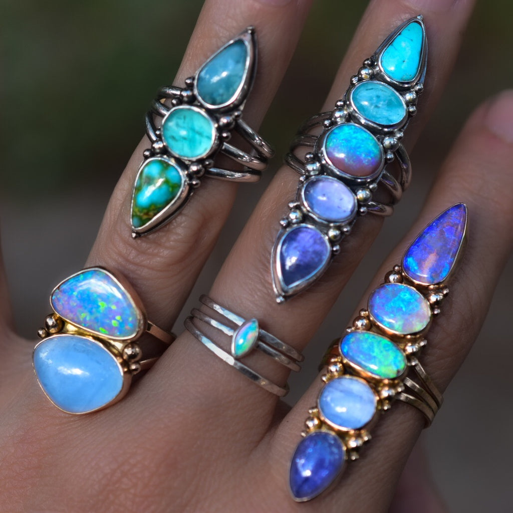 Australian Opal Ring with Moonstone, And Tanzanite in Solid Gold Semi Custom reserved - Angel Alchemy Jewelry