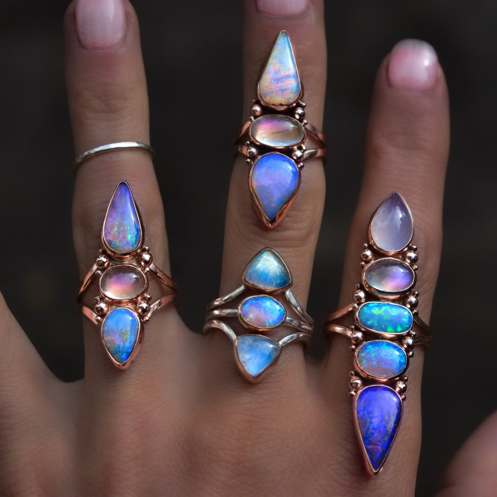 Australian Opal Unicorn Ring with High grade Moonstone and Tanzanite in solid Yellow and Rose Gold semi custom - Angel Alchemy Jewelry